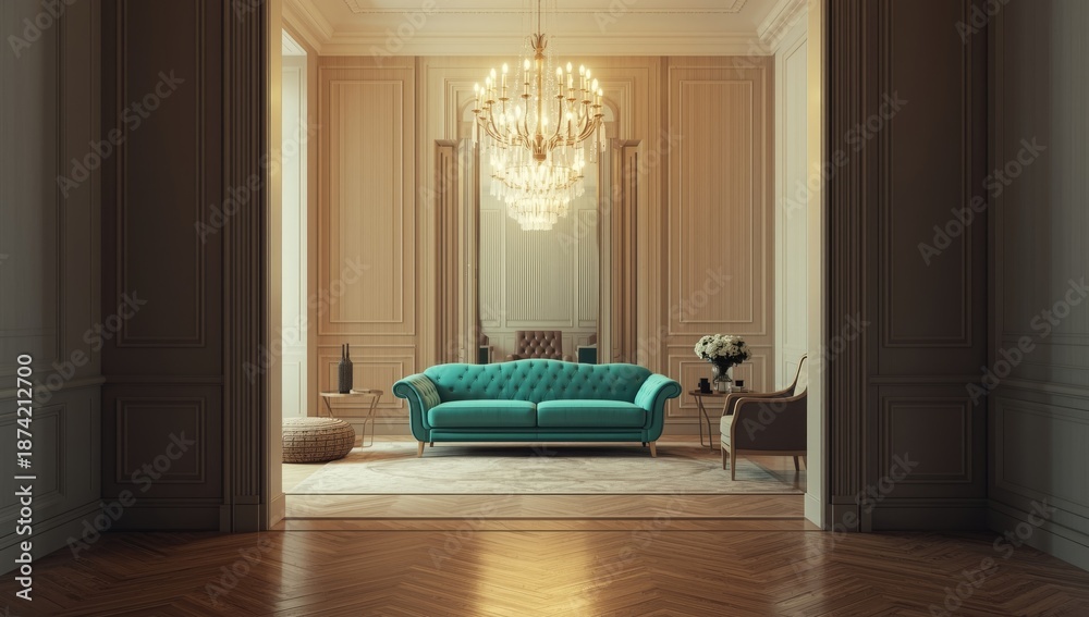 Naklejka premium Room interior with a mirror and turquoise sofa intended for space organization, decor setup, and visual planning, no holiday