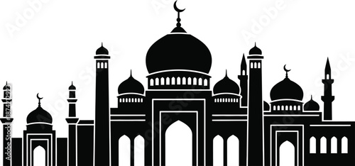 mosque silhouette with domes and minarets on white
