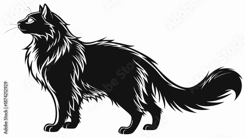 Stylized Black Cat Silhouette Design with Flowing Fur in Regal Sitting Pose