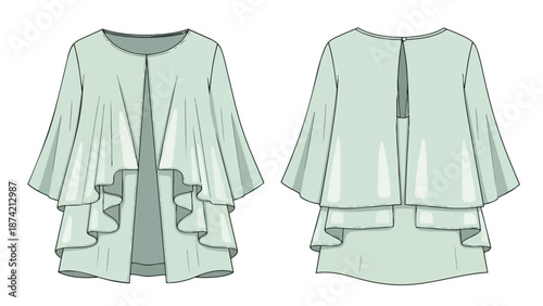 Front and back view of a pastel green tiered ruffle sleeve jacket and dress fashion illustration