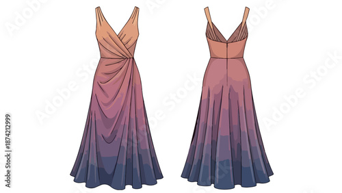 Elegant Ombre Maxi Dress with Draping and V-Neckline Showcasing Fashion Illustration for Evening Wear Style