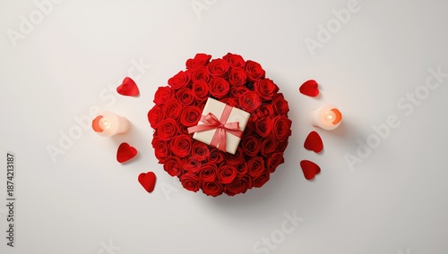Valentines Day web design featuring red roses, gift box, and candles for a romantic theme
