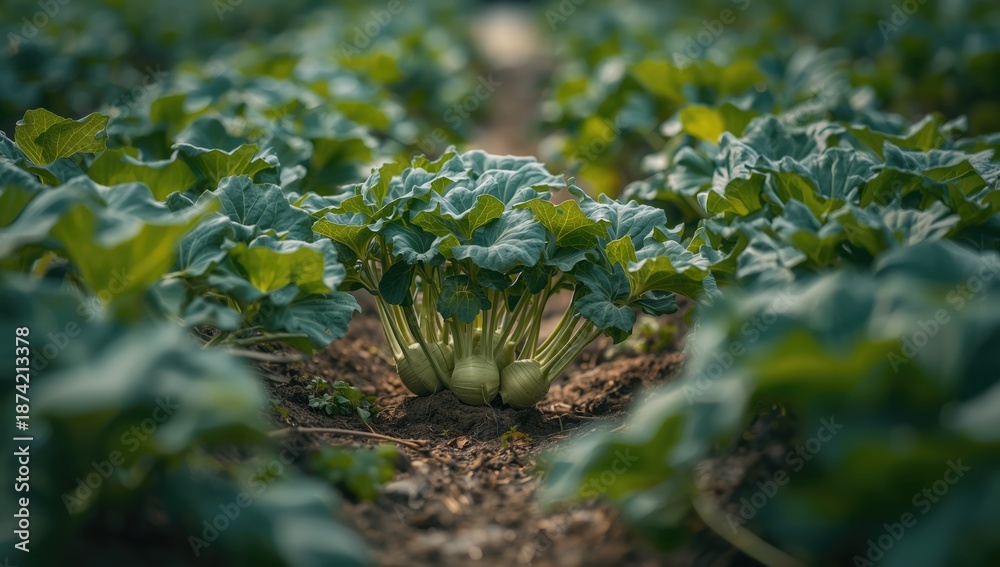 Fototapeta premium Green kohlrabi growing amidst leaves in a farm setting, emphasizing sustainable agriculture