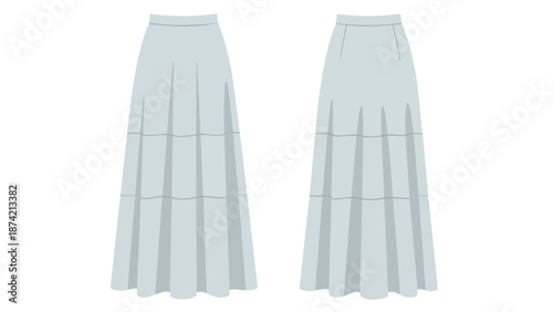 Elegant Tiered Maxi Skirt Design Flat Illustration with Front and Back Views in Subtle Pastel Hue