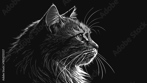 Elegant Cat Portrait Illustration with Intense Gaze and Modern Monochrome Style
