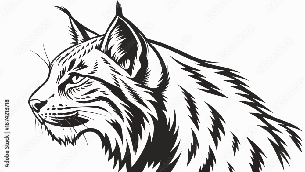 Obraz premium Detailed Black and White Stylized Lynx Head Illustration with Sharp Lines and Texture