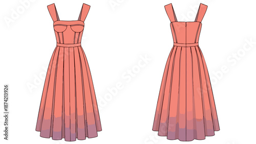 Stylish Coral Pleated Midi Dress with Wide Straps Showcasing Front and Back Views for Fashion Design
