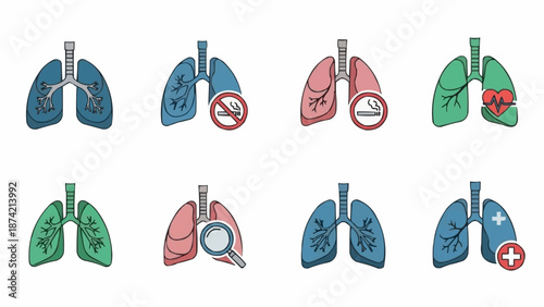 Collection of Diseased Lungs Illustrations Showing Various Health Issues.