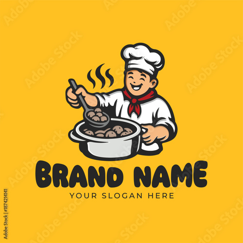 Happy Chef Mascot Cooking Meatballs – Street Food Logo Illustration