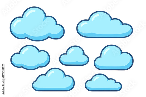 Blue clouds in various shapes and sizes arranged in a simple pattern on a white background