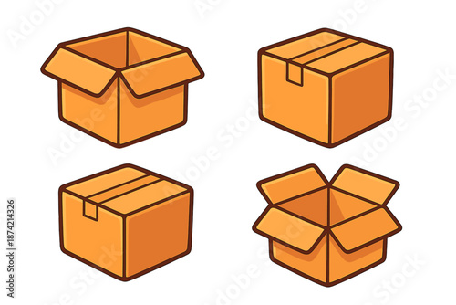 Different types of cardboard boxes in various positions on a plain background for packaging and storage purposes