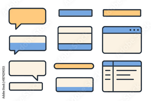 Various shapes and elements used for web design in different colors showing communication and layout options