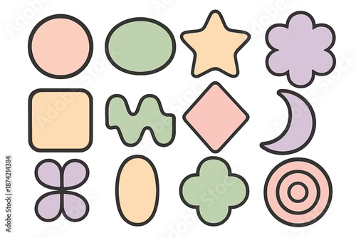 Different shapes in soft colors arranged in a grid pattern with outlines on a light background for simple visual exploration in design