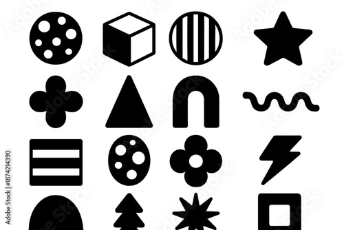 Collection of simple geometric and abstract shapes arranged in a grid pattern with black and white colors