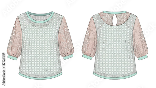Fashion illustration showcasing a chic blouse design with sheer patterned sleeves and a keyhole back detail for a refined aesthetic