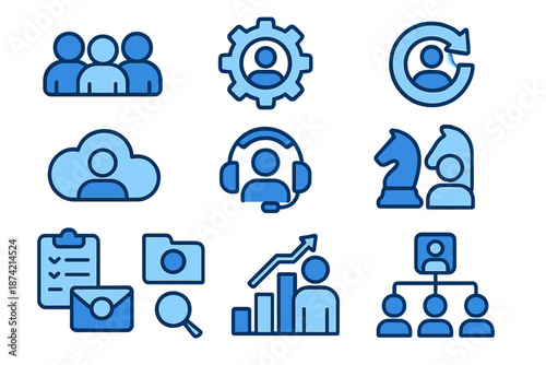 Icons representing teamwork, strategy, and data analysis in a simple design
