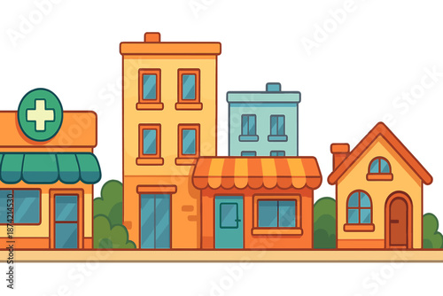 Collection of buildings including a pharmacy, shops, and houses in a simple animated style