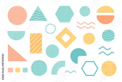 Colorful shapes and patterns on a white background with various geometric designs for creative projects