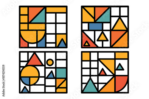 Colorful geometric patterns showing different shapes arranged in squares in a grid layout during a design showcase