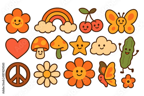 Colorful drawings of flowers, butterflies, stars, and other shapes arranged in various patterns on a white background