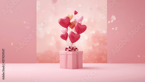 Realistic 3D Valentines Day gift box filled with heart shapes, suitable for holiday banners and greeting cards