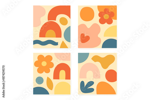 Colorful abstract art pieces displayed in a grid arrangement on a plain background during daylight hours