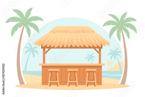 Beach hut with thatched roof located near the ocean with palm trees surrounding it at sunset time