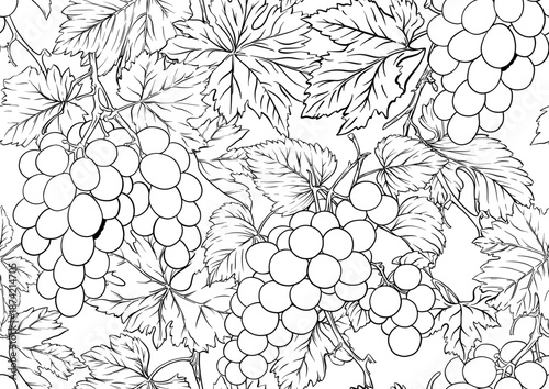 Seamless vector pattern with ripe grape bunches, leaves, and vines. Hand-drawn watercolor style. Ideal for wine labels, textiles, wallpapers, and packaging. Elegant, botanical, and vintage-inspired.