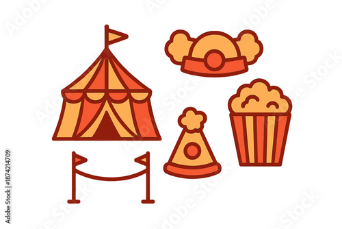 Bright circus tent, food items, and accessories with a festive theme for carnival celebrations in a joyful setting