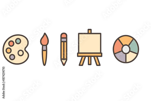 Artists tools arranged in a line showing palette, brush, pencil, easel, and color wheel for creative activities