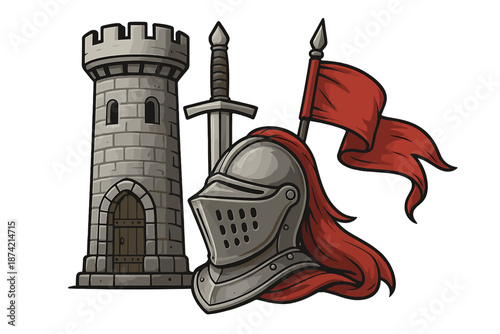 Knight helmet with sword and tower in a medieval setting during a battle preparation scene