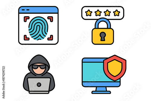 Digital security concepts showing fingerprint scan, lock, hacker, and secured computer system elements in a clear layout