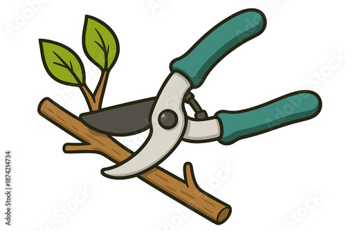 Tools for trimming plants and trees during spring garden work in a backyard setting