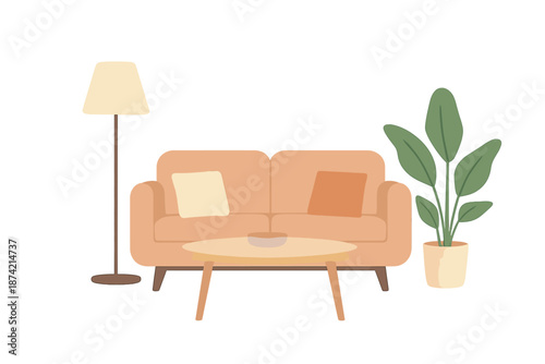 Simple living room setup with a sofa, lamp, table, and plant in modern style