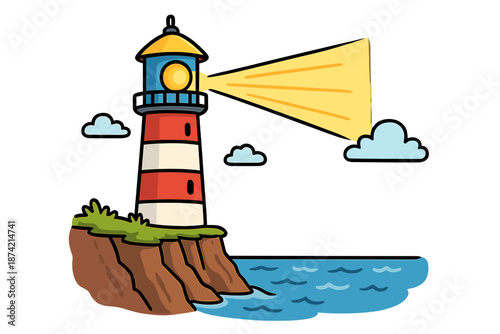 Bright light shines from a lighthouse on a rocky shore during a clear day with clouds in the sky