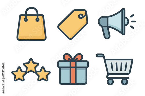 Shopping icons representing bags, tags, and gifts for marketing and retail activities
