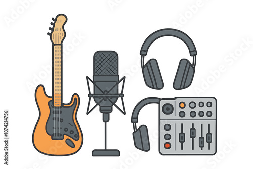 Guitar and microphone setup with headphones and audio mixer for music recording in a studio environment