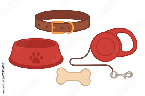 Dog accessories including a collar, leash, bowl, and bone on a white background during daylight