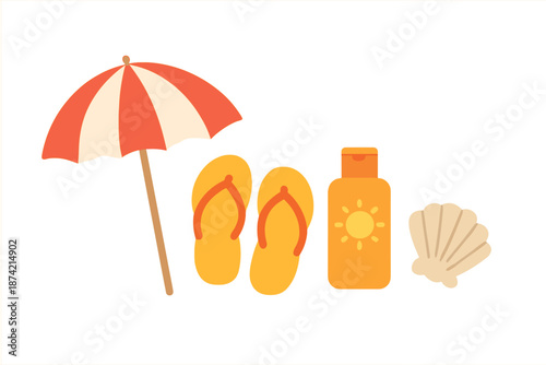 Beach items including sun umbrella, flip flops, sunscreen bottle, and a shell on plain background