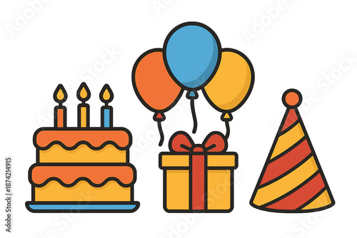 Party celebration with a cake, balloons, gifts, and a party hat for a special occasion in a colorful setting