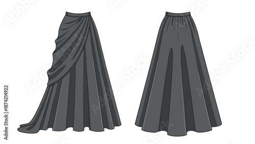 Elegant draped dark gray maxi skirt with a flowing silhouette front and back views