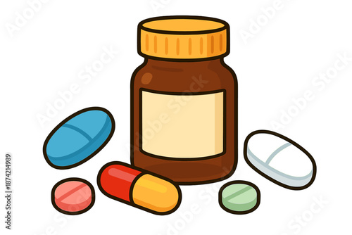 Assorted pills and medication bottle on a plain background with various colors and shapes of tablets scattered