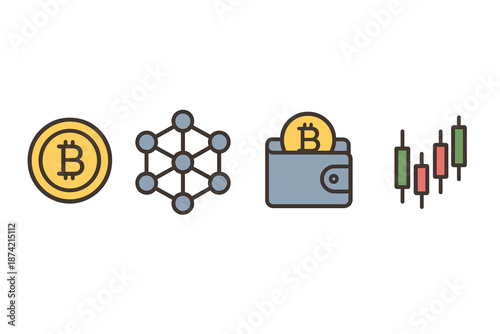 Bitcoin symbols showing currency, network, wallet, and trading charts in a simple design with four elements placed in a row