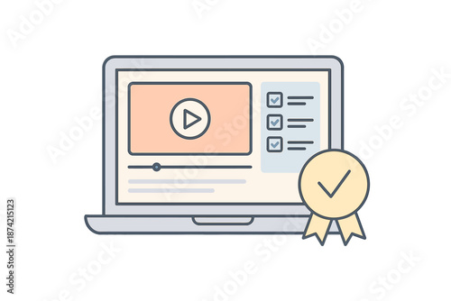 Laptop screen displays video player with checklist and badge indicating quality or completion of task