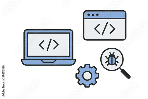 Software coding and debugging tools on a laptop and screen showing programming elements with gear and bug magnifier