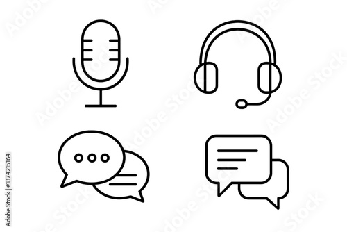 Icons representing communication tools like microphone, headset, and speech bubbles used in digital conversations and media production