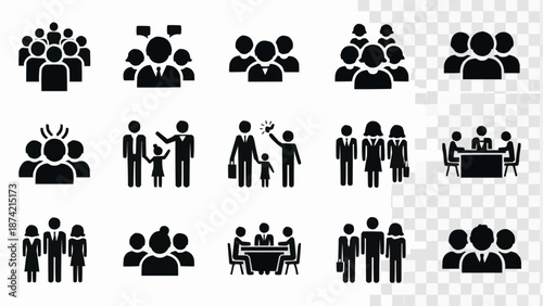 Collection of diverse human figures and group icons representing people and social interactions.