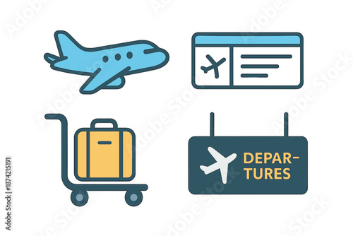 Travel elements related to flying including airplane, boarding pass, luggage, and departure sign
