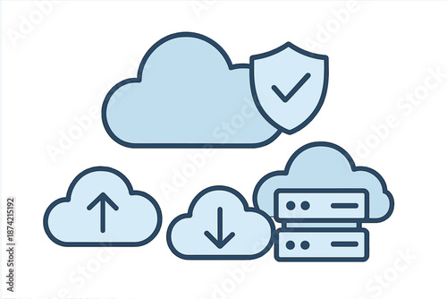 Cloud storage services with data upload and download icons in a simple design