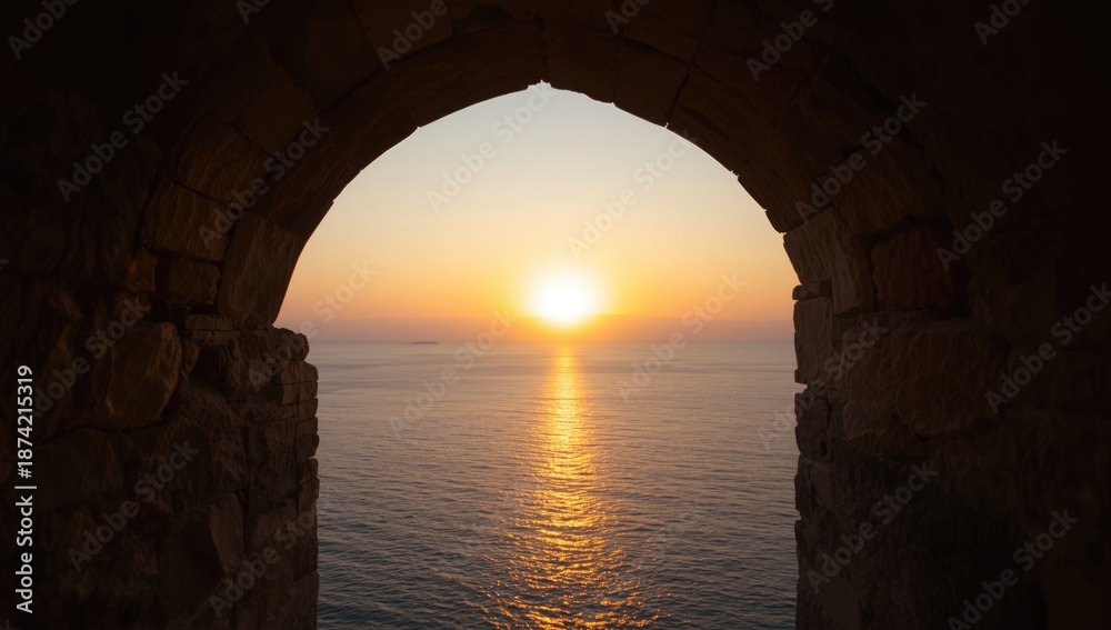 Fototapeta premium Ocean sunset scene captured through a wall opening, ideal for background or visual layout use
